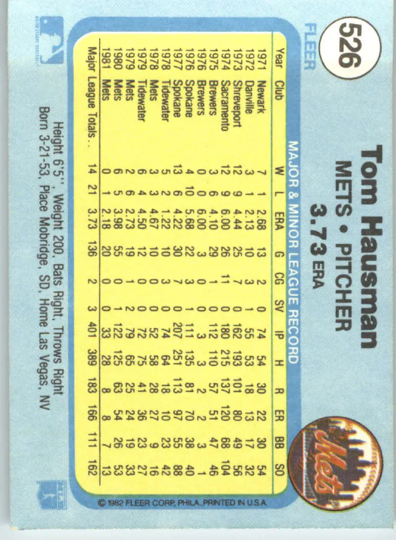 1982 Fleer #526 Tom Hausman EX Excellent New York Mets Baseball Card - Baseball Card Single