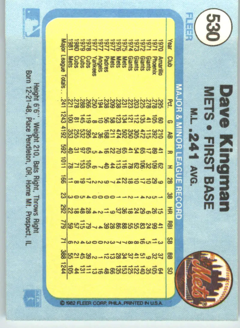 1982 Fleer #530 Dave Kingman EX Excellent New York Mets Baseball Card - Baseball Card Single