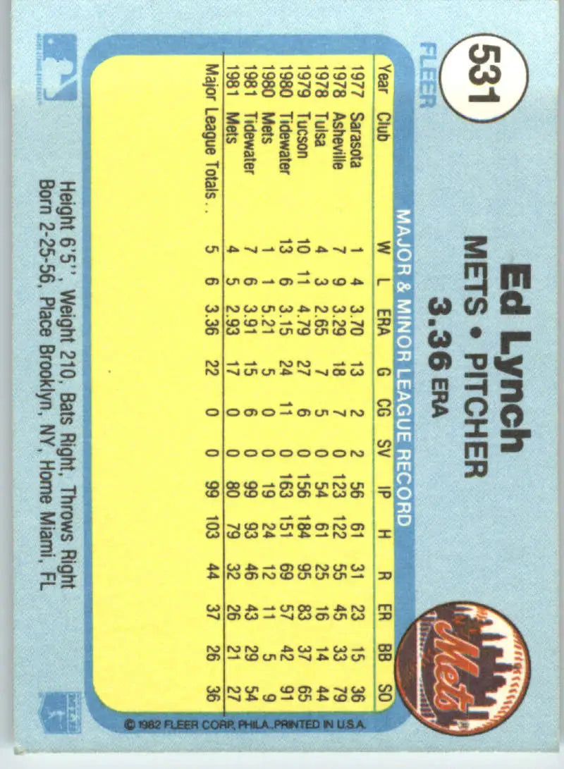 1982 Fleer #531 Ed Lynch EX Excellent RC Rookie New York Mets Baseball Card - Baseball Card Single