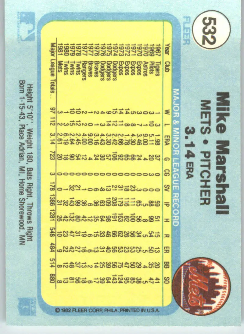 1982 Fleer #532 Mike Marshall EX Excellent New York Mets Baseball Card - Baseball Card Single
