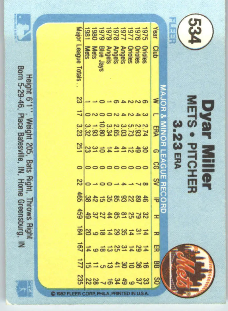 1982 Fleer #534 Dyar Miller EX Excellent New York Mets Baseball Card - Baseball Card Single