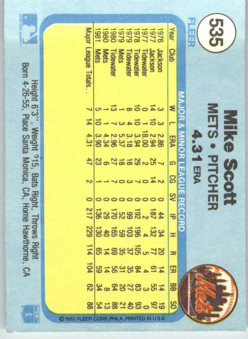 1982 Fleer #535 Mike Scott EX Excellent New York Mets Baseball Card - Baseball Card Single