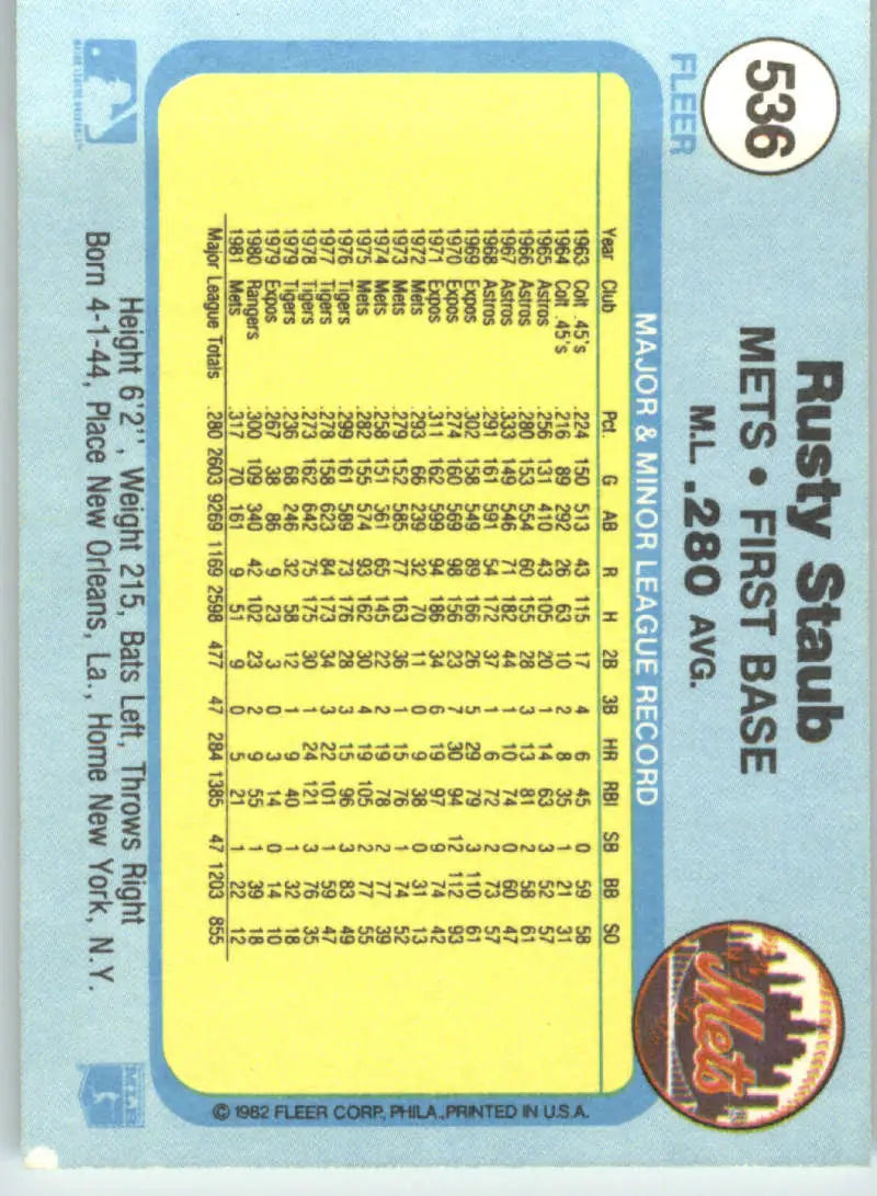 1982 Fleer #536 Rusty Staub EX Excellent New York Mets Baseball Card - Baseball Card Single