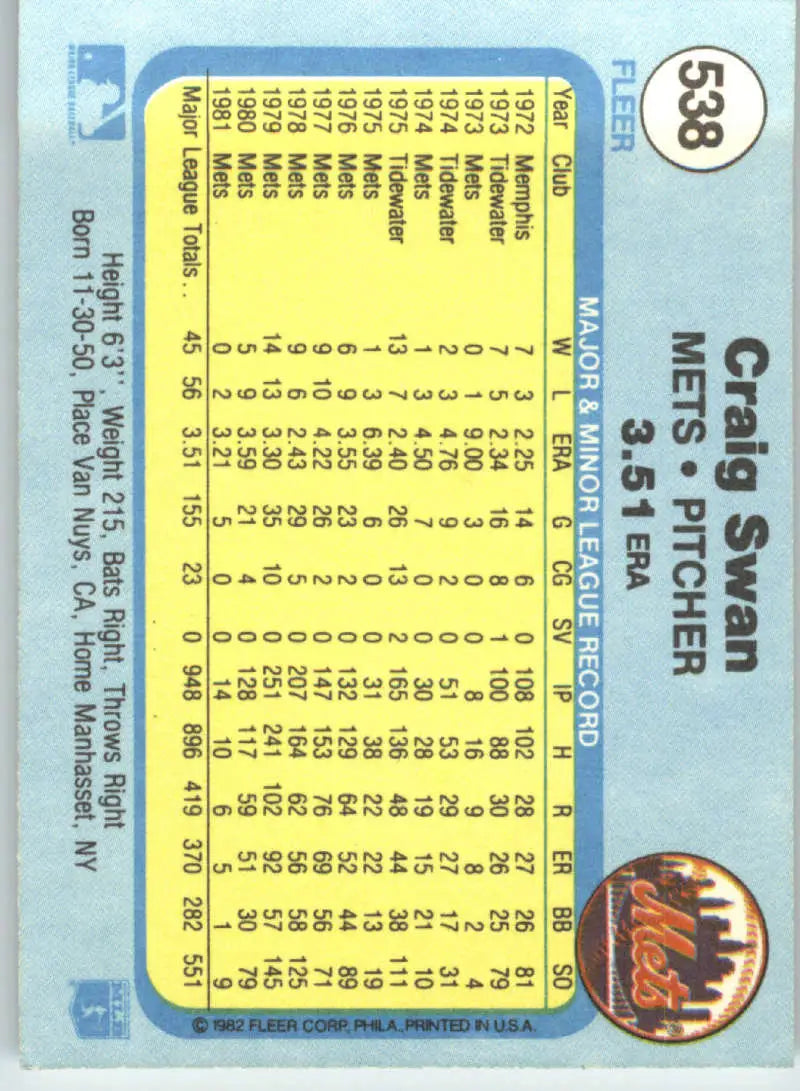 1982 Fleer #538 Craig Swan EX Excellent New York Mets Baseball Card - Baseball Card Single