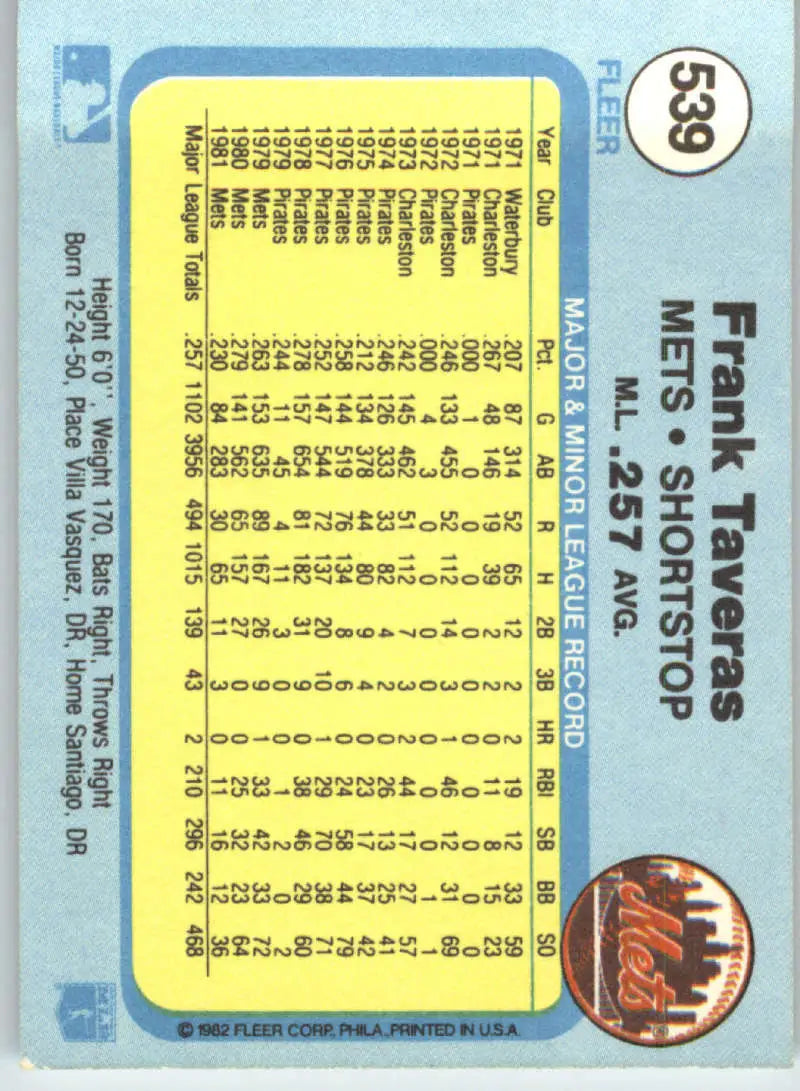 1982 Fleer #539 Frank Taveras EX Excellent New York Mets Baseball Card - Baseball Card Single