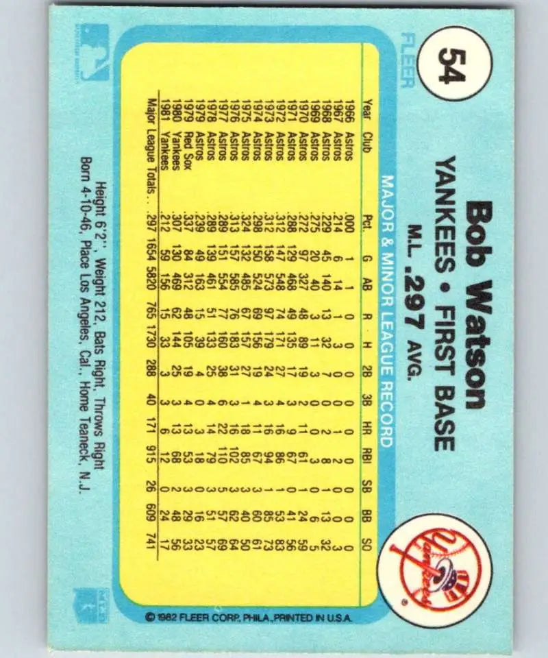 1982 Fleer #54 Bob Watson EX Excellent New York Yankees Baseball Card - Baseball Card Single