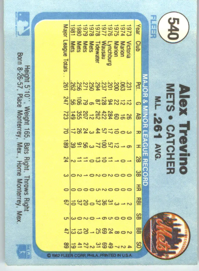 1982 Fleer #540 Alex Trevino EX Excellent New York Mets Baseball Card - Baseball Card Single