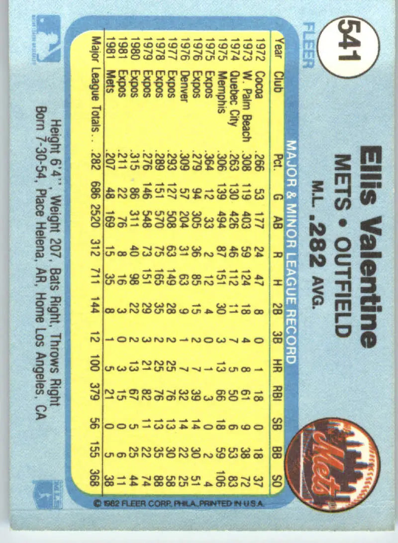 1982 Fleer #541 Ellis Valentine EX Excellent New York Mets Baseball Card - Baseball Card Single
