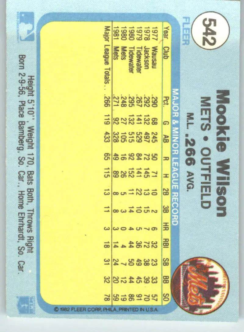 1982 Fleer #542 Mookie Wilson EX Excellent New York Mets Baseball Card - Baseball Card Single