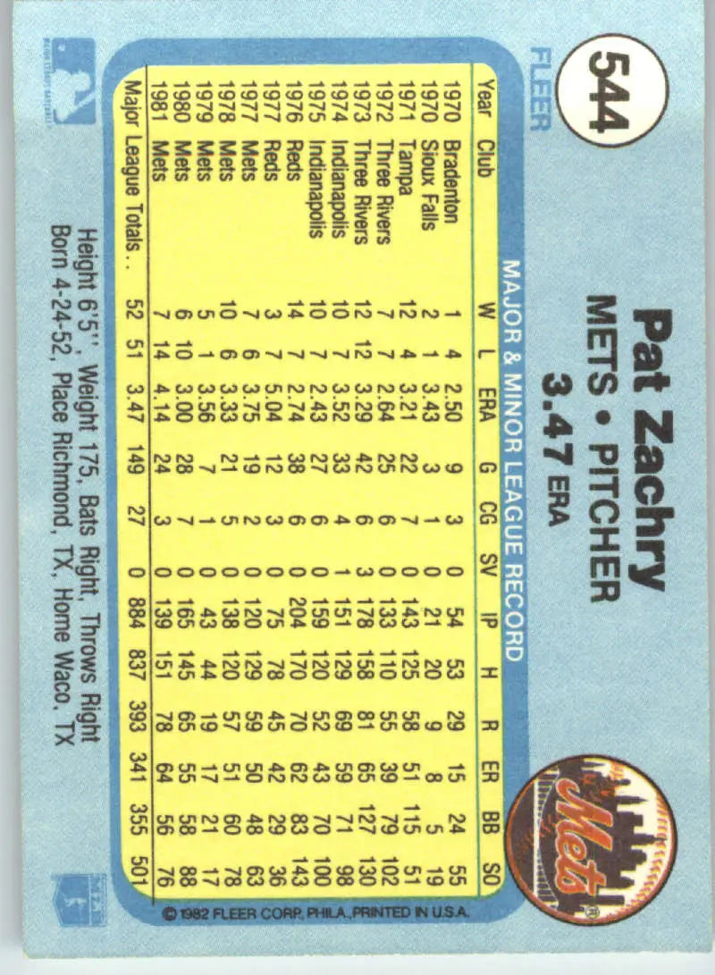 1982 Fleer #544 Pat Zachry EX Excellent New York Mets Baseball Card - Baseball Card Single