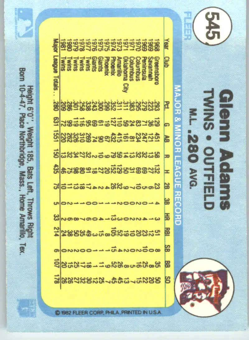 1982 Fleer #545 Glenn Adams EX Excellent Minnesota Twins Baseball Card - Baseball Card Single