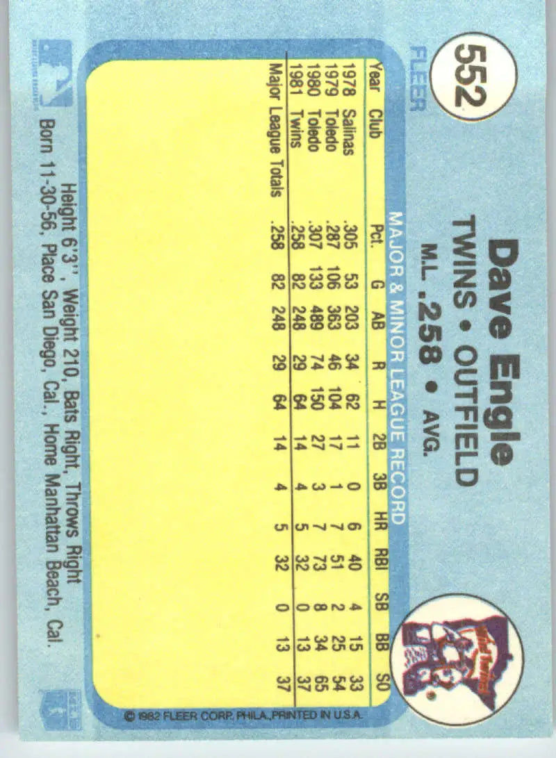 1982 Fleer #552 Dave Engle EX Excellent Minnesota Twins Baseball Card - Baseball Card Single