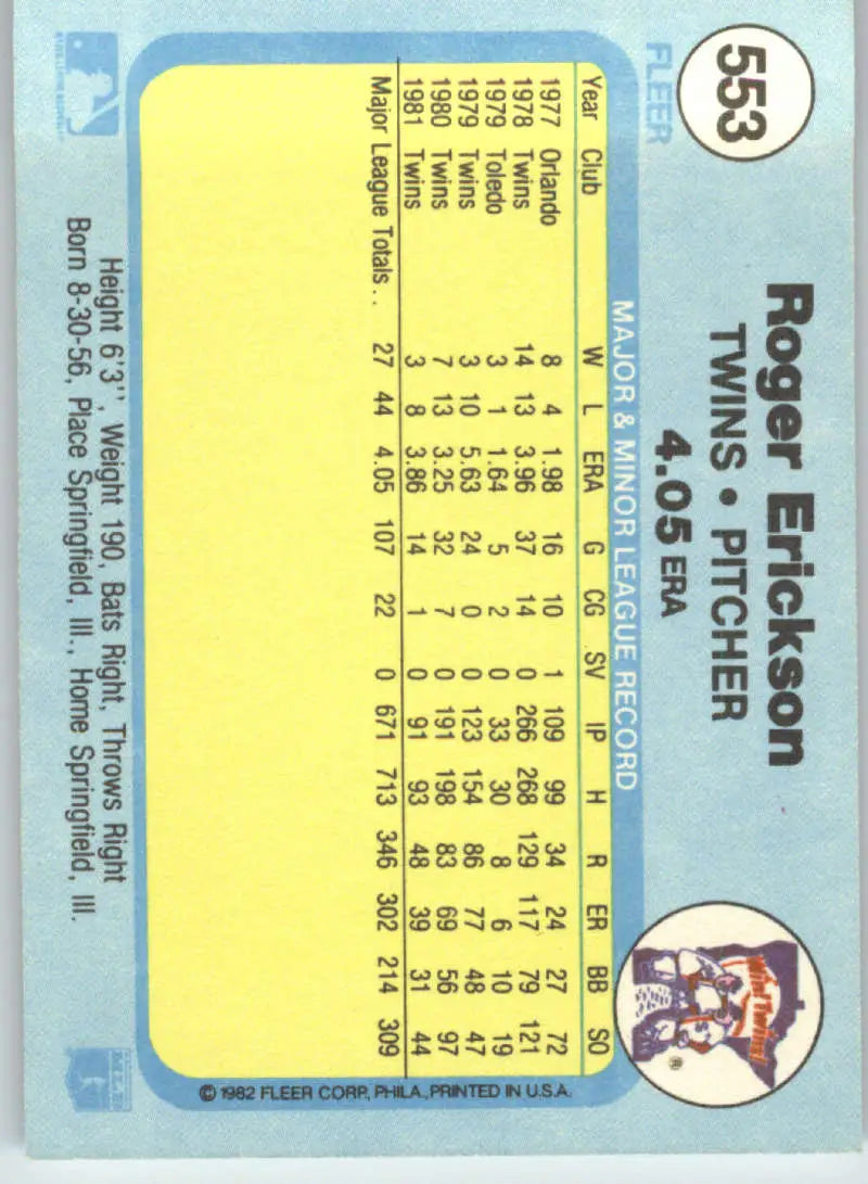 1982 Fleer #553 Roger Erickson EX Excellent Minnesota Twins Baseball Card - Baseball Card Single