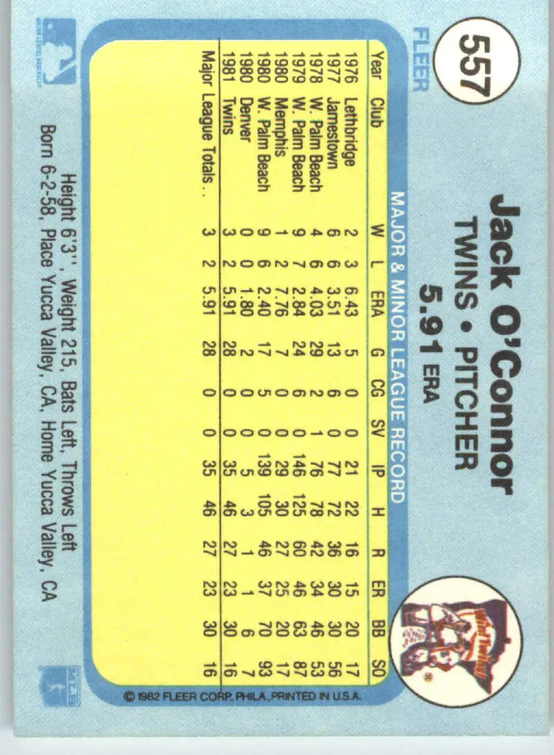 1982 Fleer #557 Jack O’Connor EX Excellent RC Rookie Minnesota Twins Baseball Card - Baseball Card Single