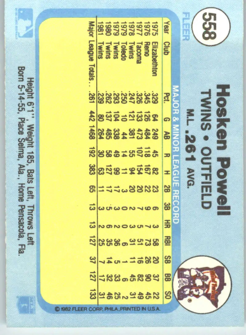 1982 Fleer #558 Hosken Powell EX Excellent Minnesota Twins Baseball Card - Baseball Card Single