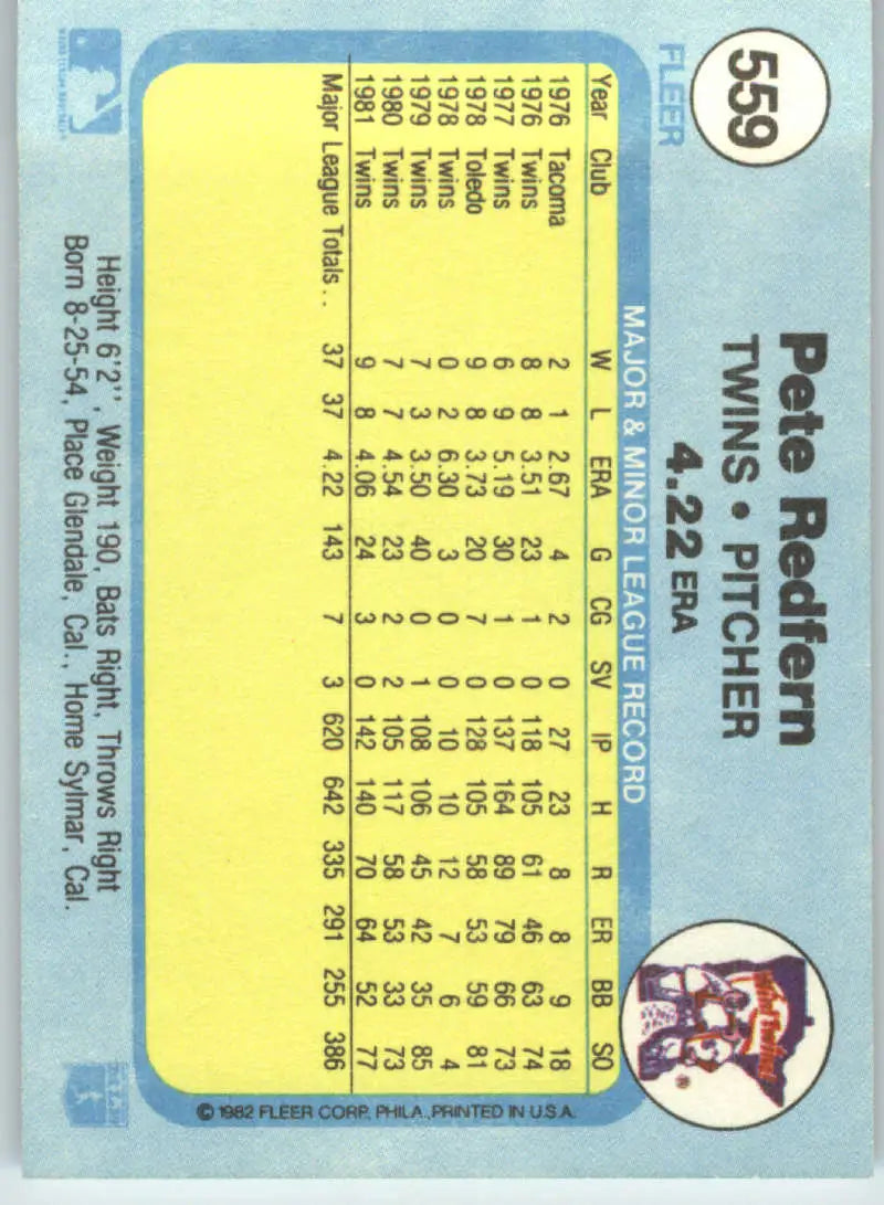 1982 Fleer #559 Pete Redfern EX Excellent Minnesota Twins Baseball Card - Baseball Card Single