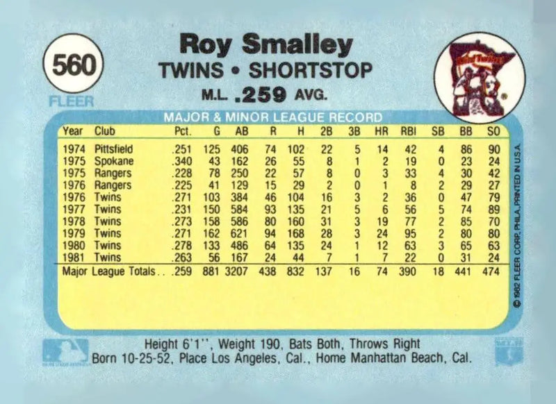 1982 Fleer #560 Roy Smalley - Baseball Card Single
