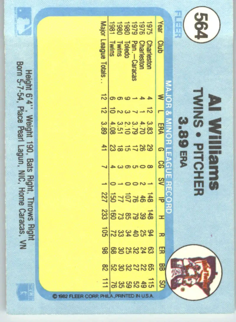 1982 Fleer #564 Al Williams EX Excellent Minnesota Twins Baseball Card - Baseball Card Single