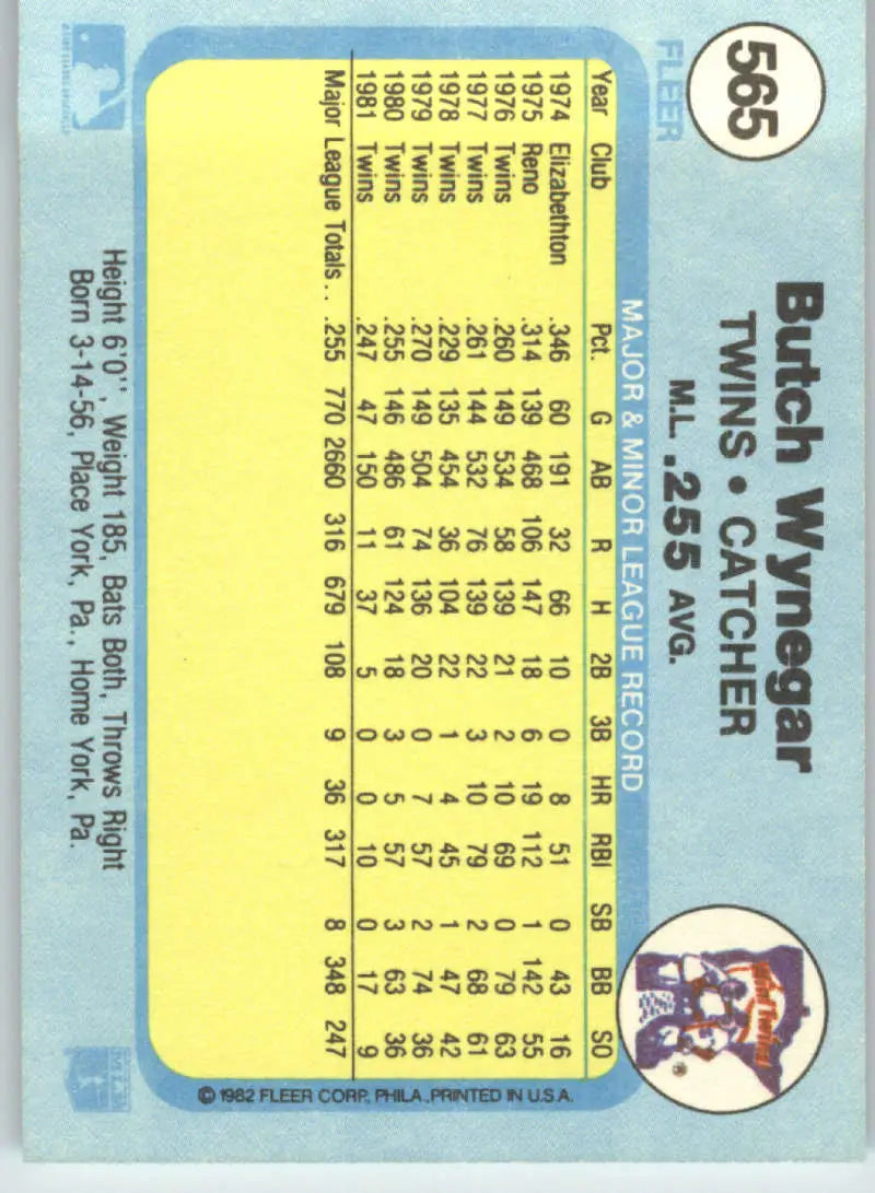 1982 Fleer #565 Butch Wynegar EX Excellent Minnesota Twins Baseball Card - Baseball Card Single
