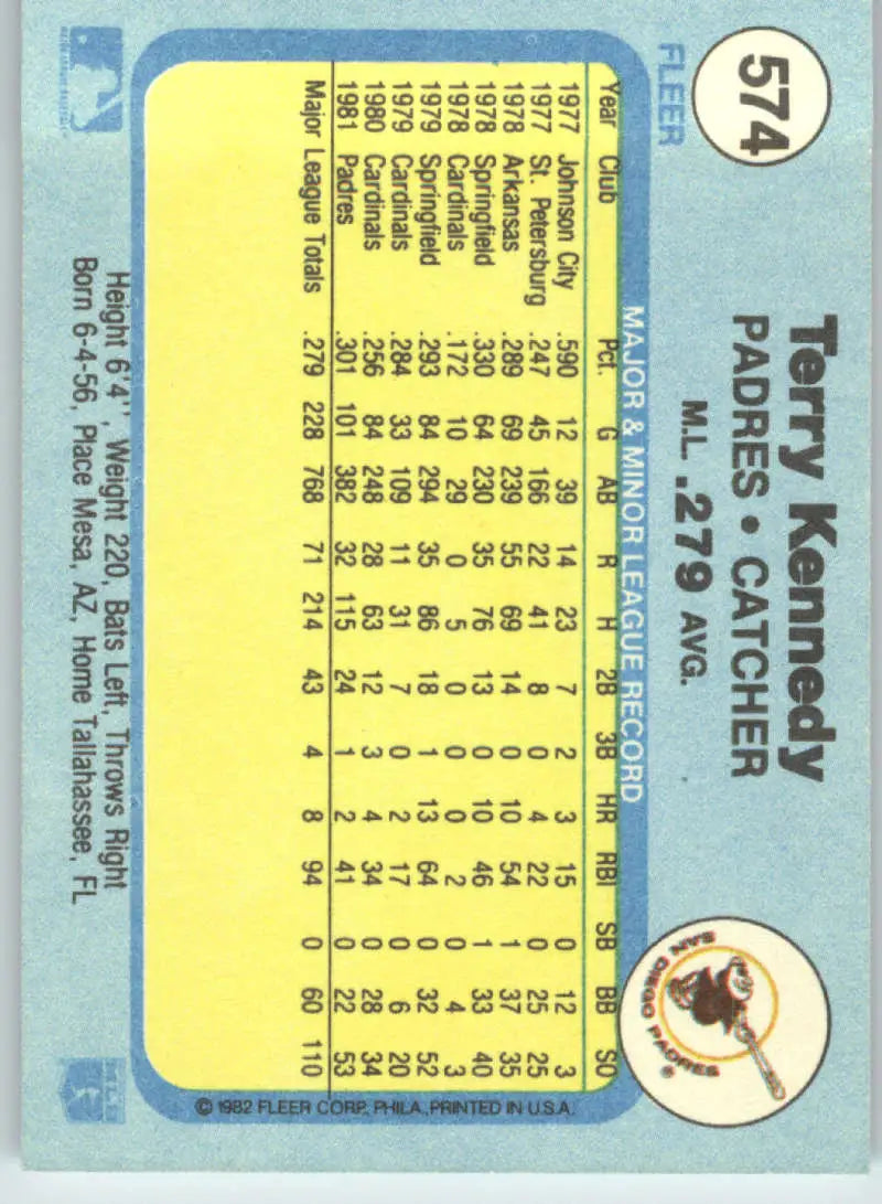 1982 Fleer #574 Terry Kennedy EX Excellent San Diego Padres Baseball Card - Baseball Card Single