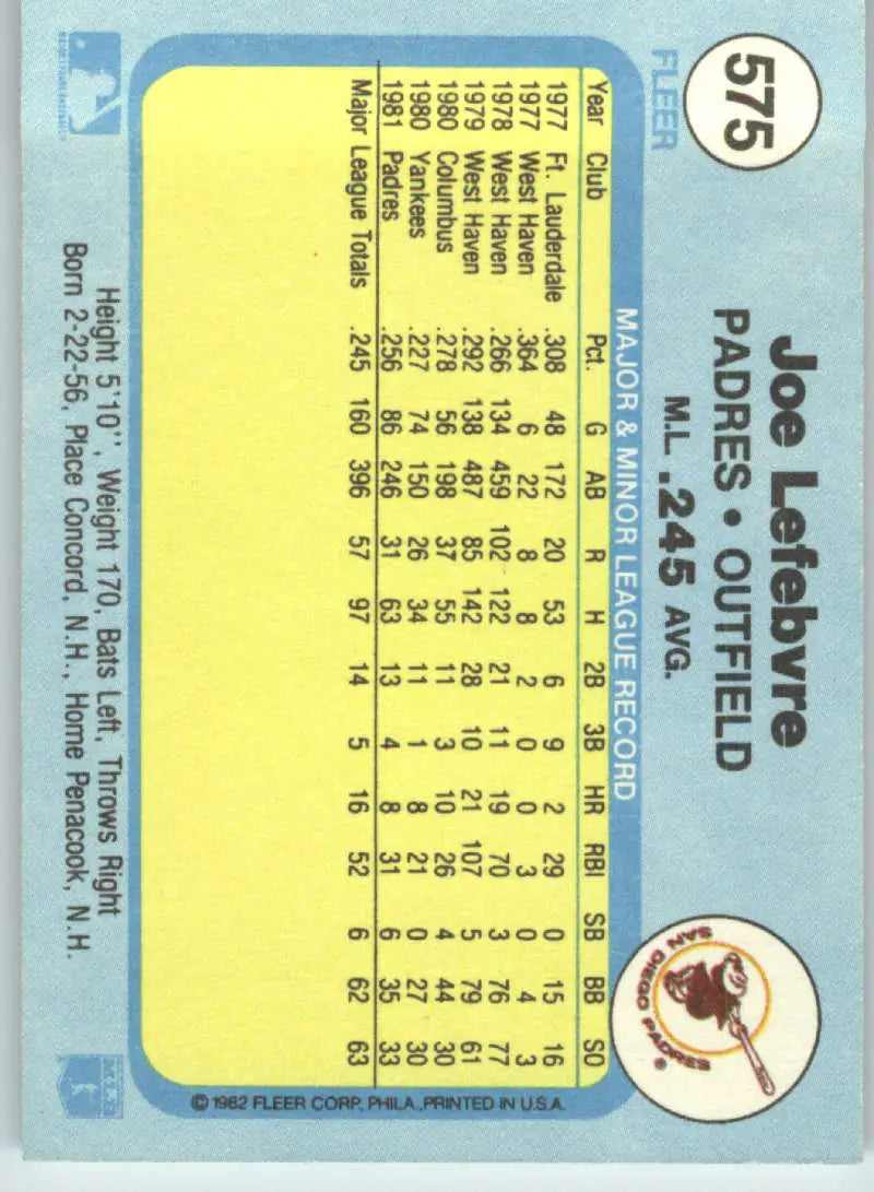1982 Fleer #575 Joe Lefebvre EX Excellent San Diego Padres Baseball Card - Baseball Card Single
