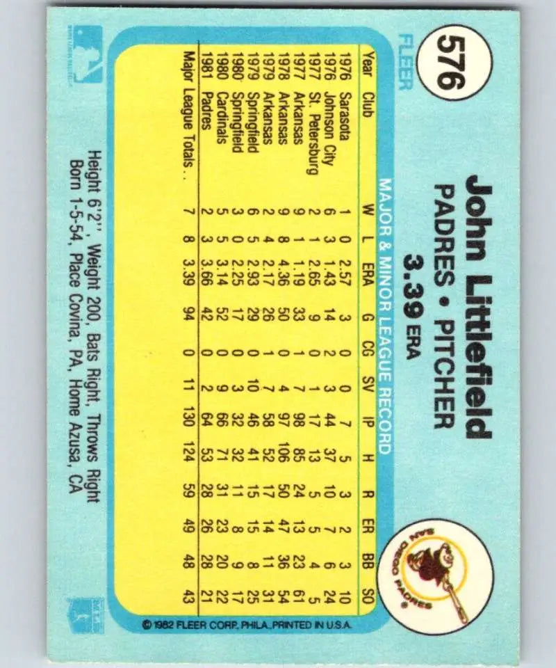 1982 Fleer #576 John Littlefield EX Excellent San Diego Padres Baseball Card - Baseball Card Single