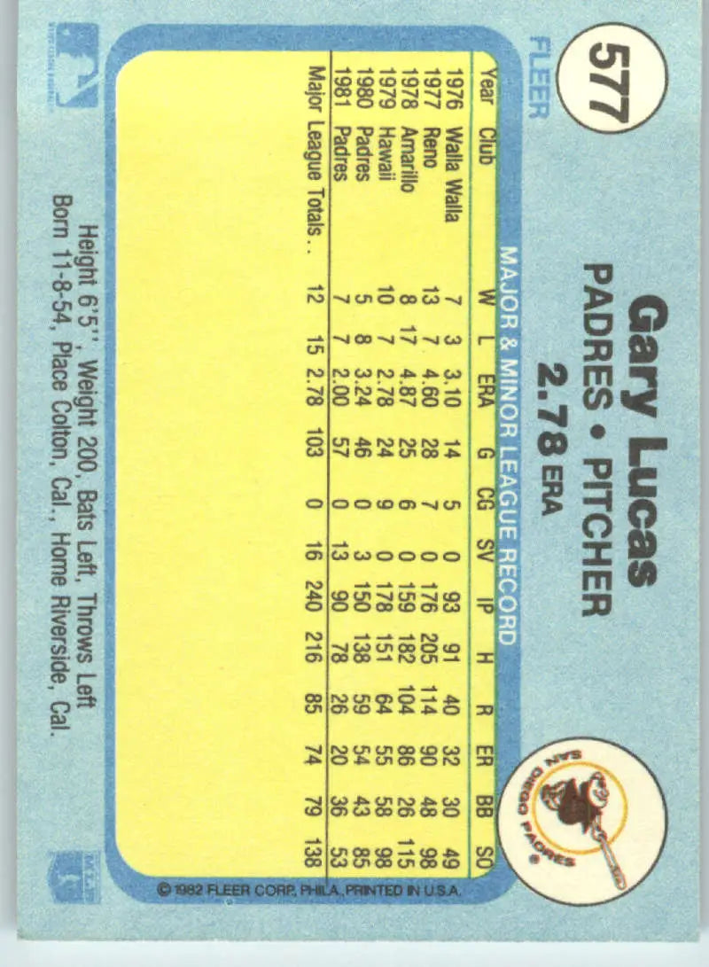1982 Fleer #577 Gary Lucas EX Excellent San Diego Padres Baseball Card - Baseball Card Single