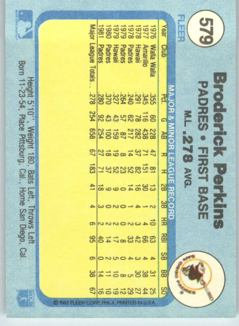 1982 Fleer #579 Broderick Perkins EX Excellent San Diego Padres Baseball Card - Baseball Card Single