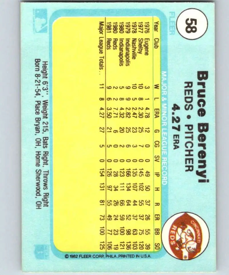 1982 Fleer #58 Bruce Berenyi EX Excellent Cincinnati Reds Baseball Card - Baseball Card Single