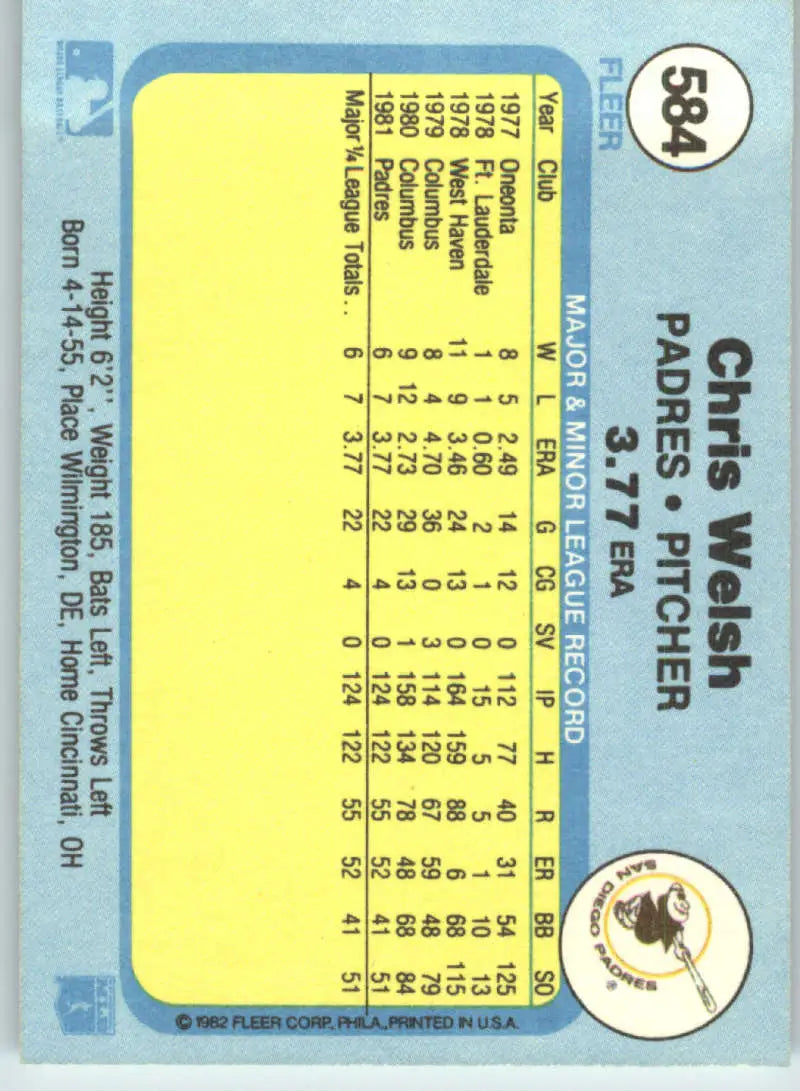 1982 Fleer #584 Chris Welsh EX Excellent San Diego Padres Baseball Card - Baseball Card Single