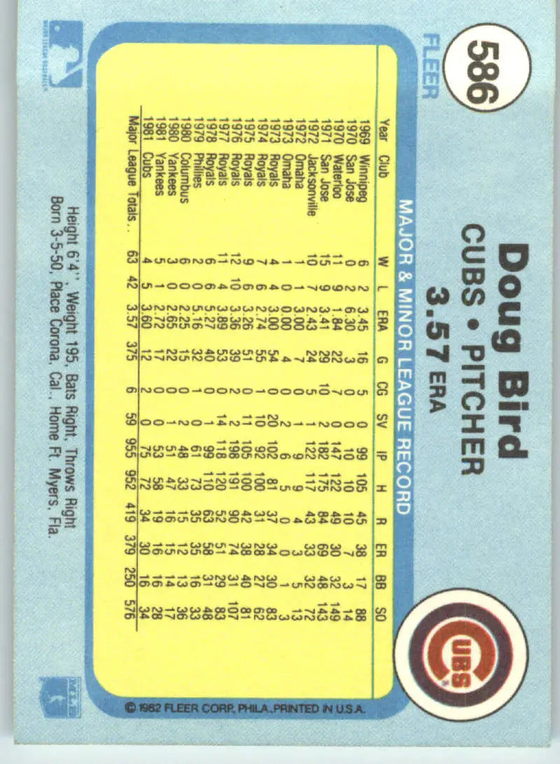 1982 Fleer #586 Doug Bird EX Excellent Chicago Cubs Baseball Card - Baseball Card Single