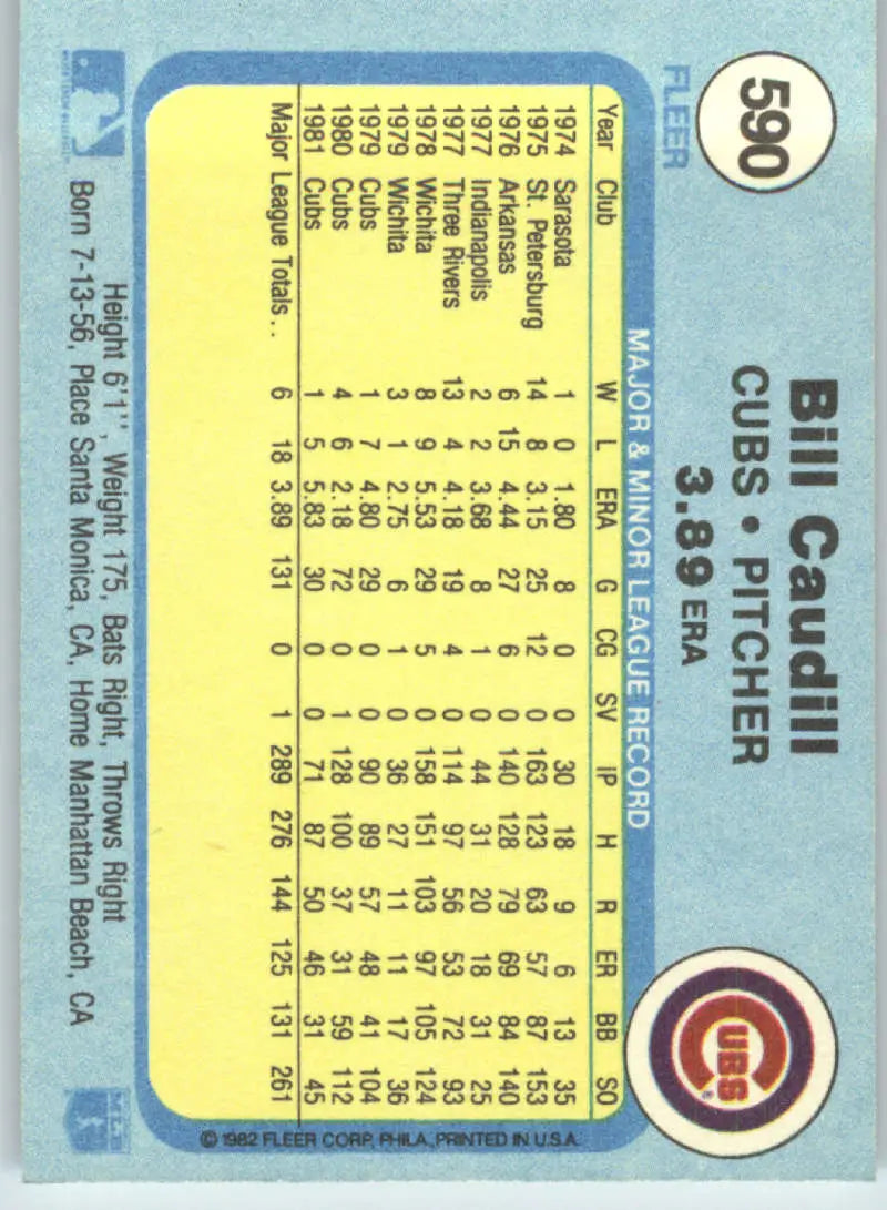 1982 Fleer #590 Bill Caudill EX Excellent Chicago Cubs Baseball Card - Baseball Card Single