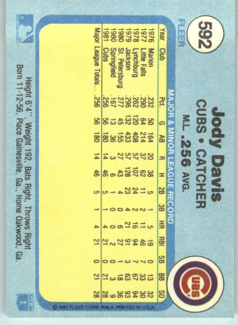 1982 Fleer #592 Jody Davis EX Excellent RC Rookie Chicago Cubs Baseball Card - Baseball Card Single