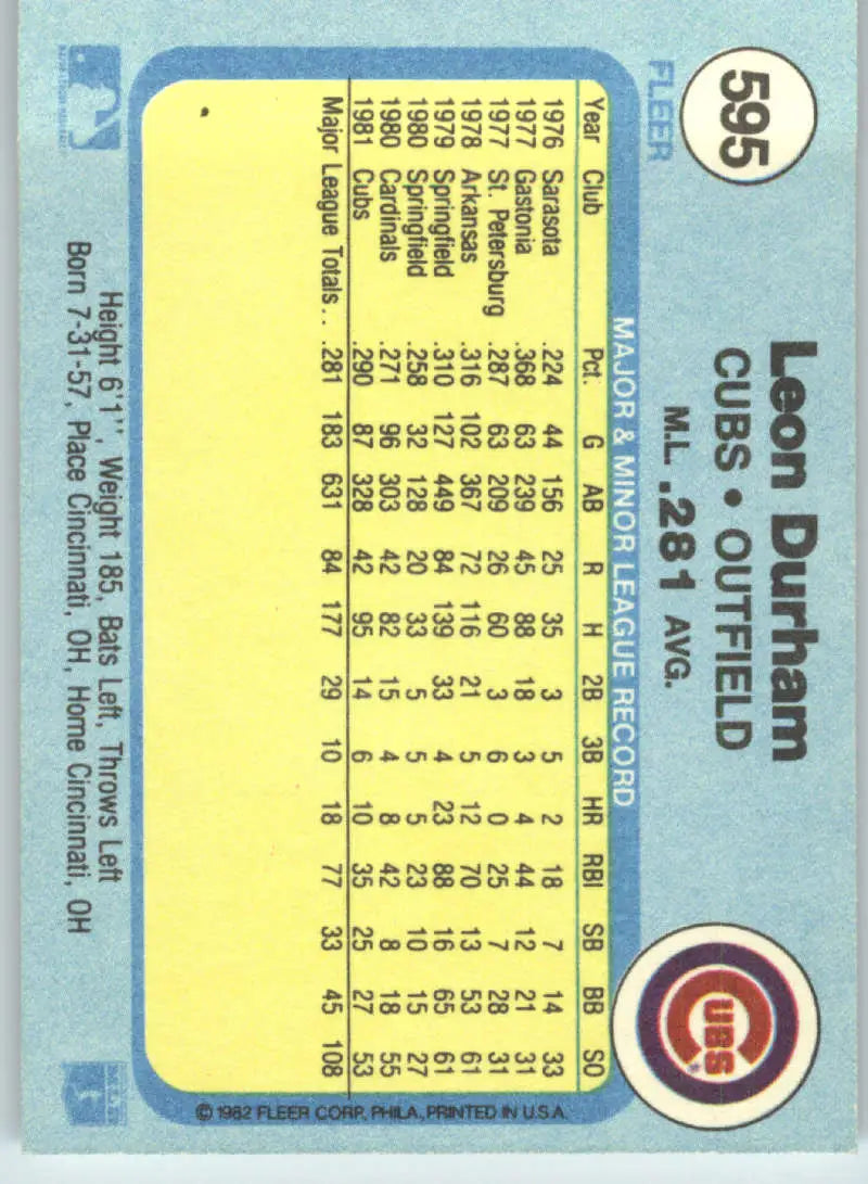 1982 Fleer #595 Leon Durham EX Excellent Chicago Cubs Baseball Card - Baseball Card Single