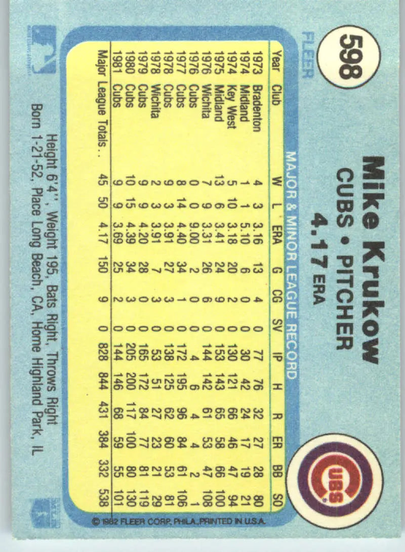 1982 Fleer #598 Mike Krukow EX Excellent Chicago Cubs Baseball Card - Baseball Card Single