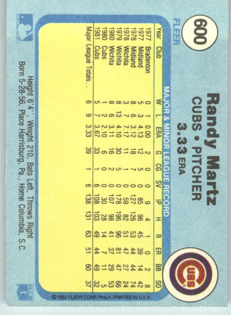 1982 Fleer #600 Randy Martz EX Excellent Chicago Cubs Baseball Card - Baseball Card Single