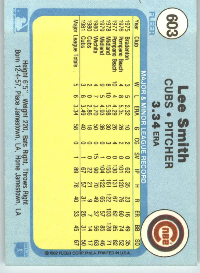 1982 Fleer #603 Lee Smith EX Excellent RC Rookie Chicago Cubs Baseball Card - Baseball Card Single
