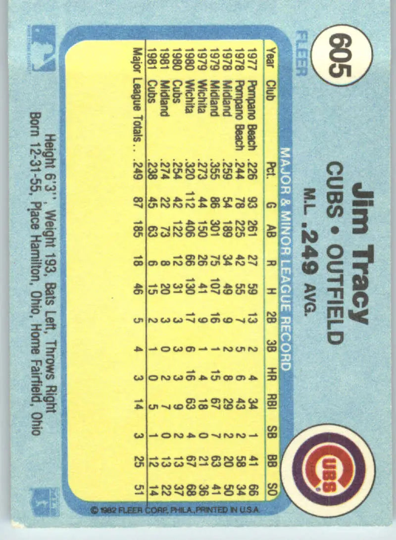 1982 Fleer #605 Jim Tracy EX Excellent Chicago Cubs Baseball Card - Baseball Card Single