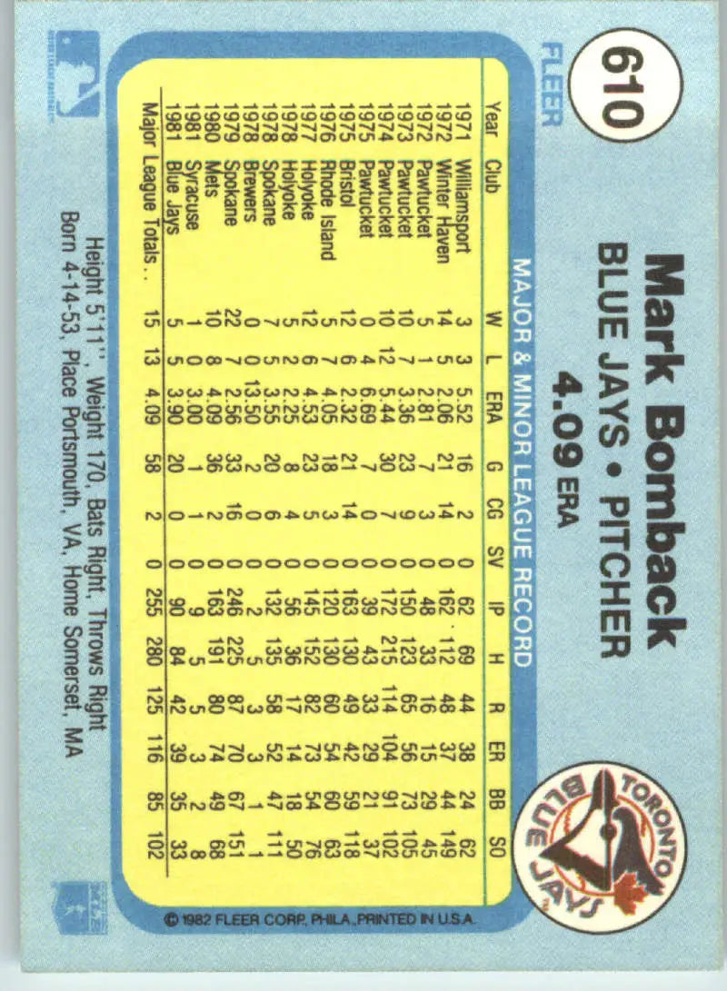 1982 Fleer #610 Mark Bomback EX Excellent Toronto Blue Jays Baseball Card - Baseball Card Single