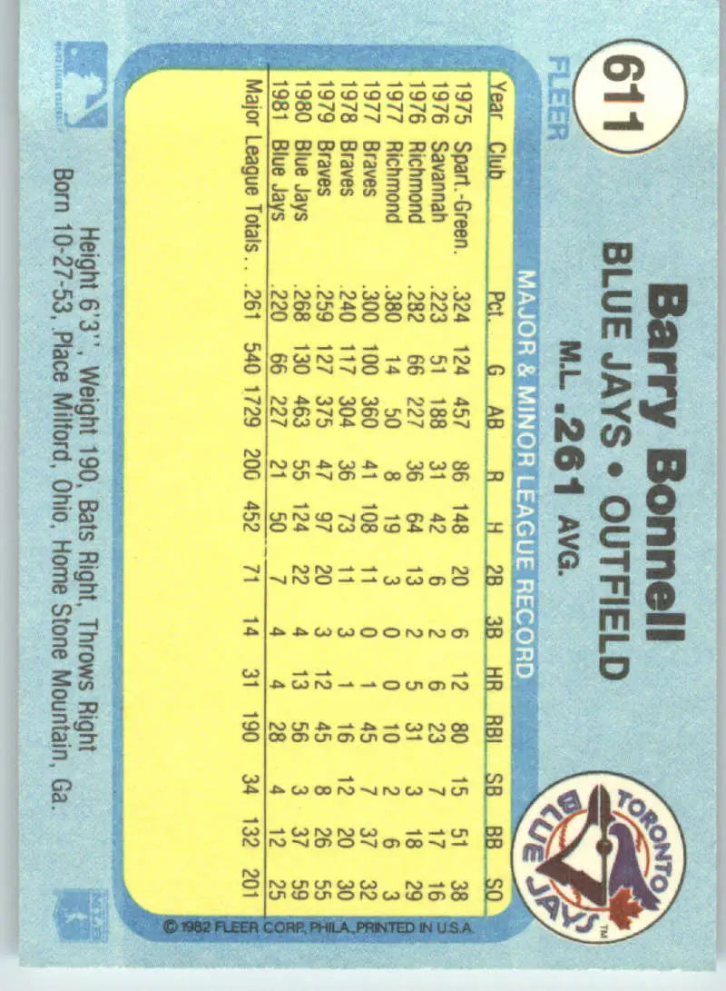 1982 Fleer #611 Barry Bonnell EX Excellent Toronto Blue Jays Baseball Card - Baseball Card Single