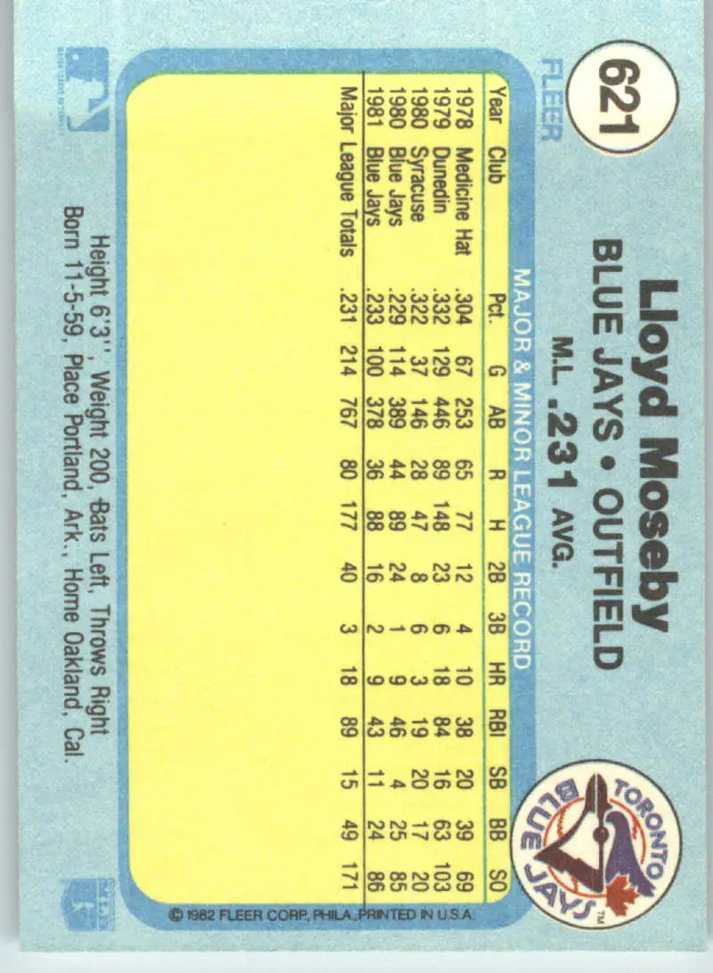 1982 Fleer #621 Lloyd Moseby EX Excellent Toronto Blue Jays Baseball Card - Baseball Card Single