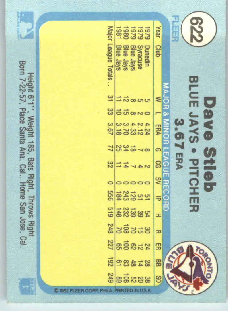 1982 Fleer #622 Dave Stieb EX Excellent Toronto Blue Jays Baseball Card - Baseball Card Single