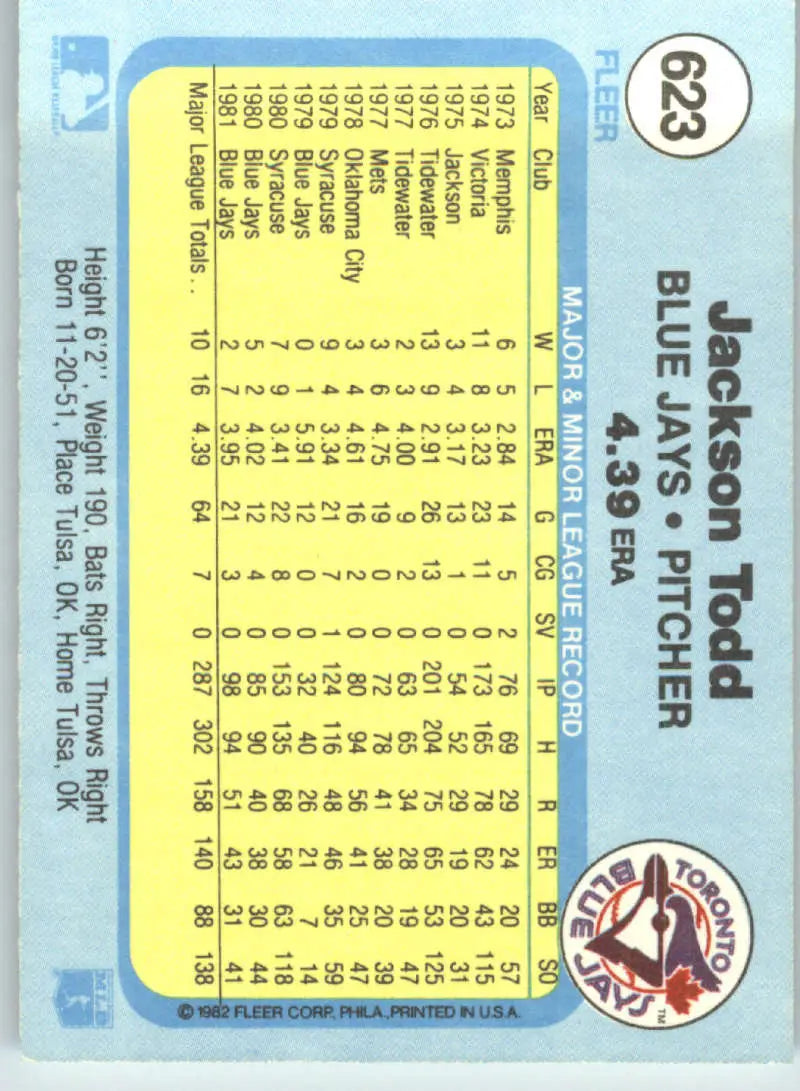 1982 Fleer #623 Jackson Todd EX Excellent Toronto Blue Jays Baseball Card - Baseball Card Single