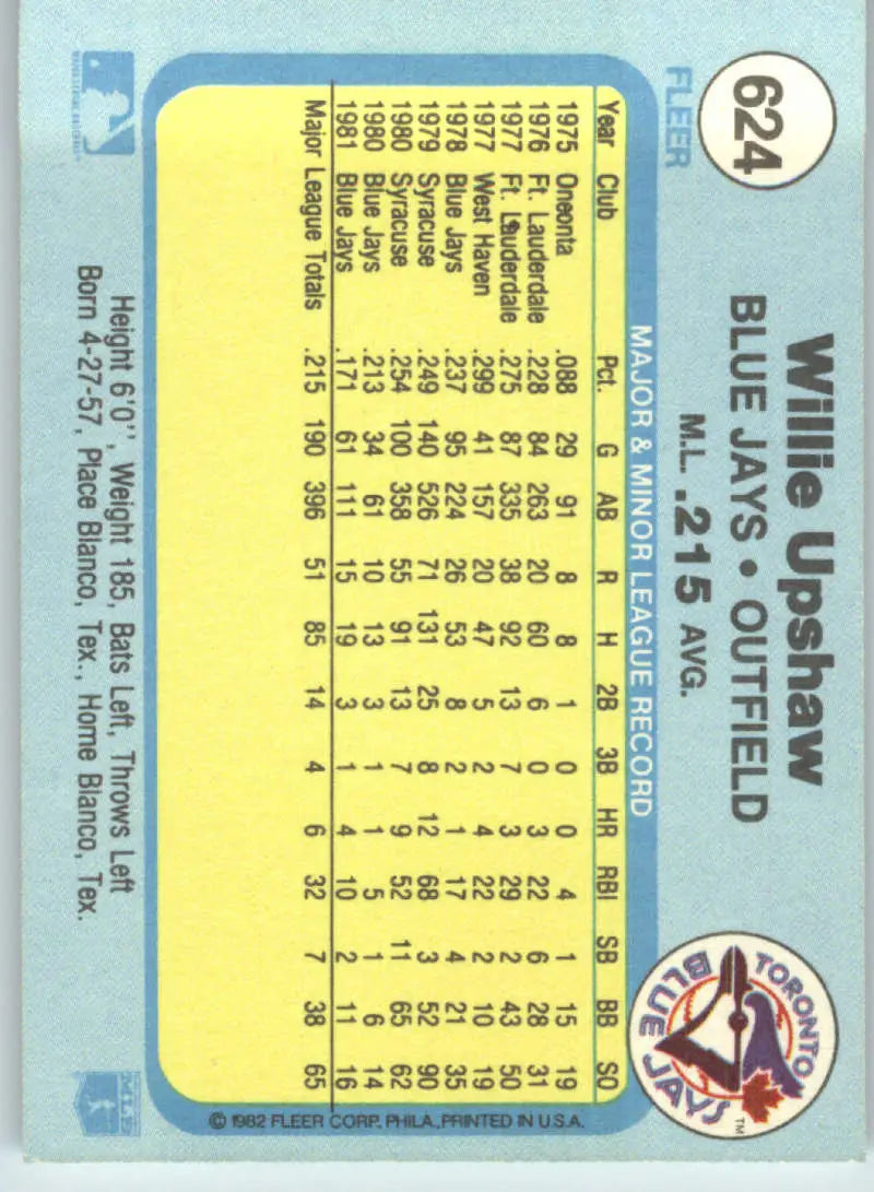 1982 Fleer #624 Willie Upshaw EX Excellent Toronto Blue Jays Baseball Card - Baseball Card Single