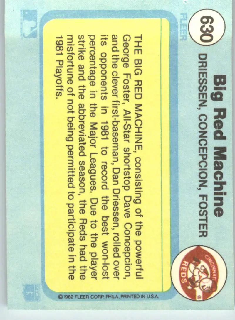 1982 Fleer #630 Driessen/Dave Concepcion/George Foster EX Excellent Cincinnati Reds Baseball Card - Baseball Card Single