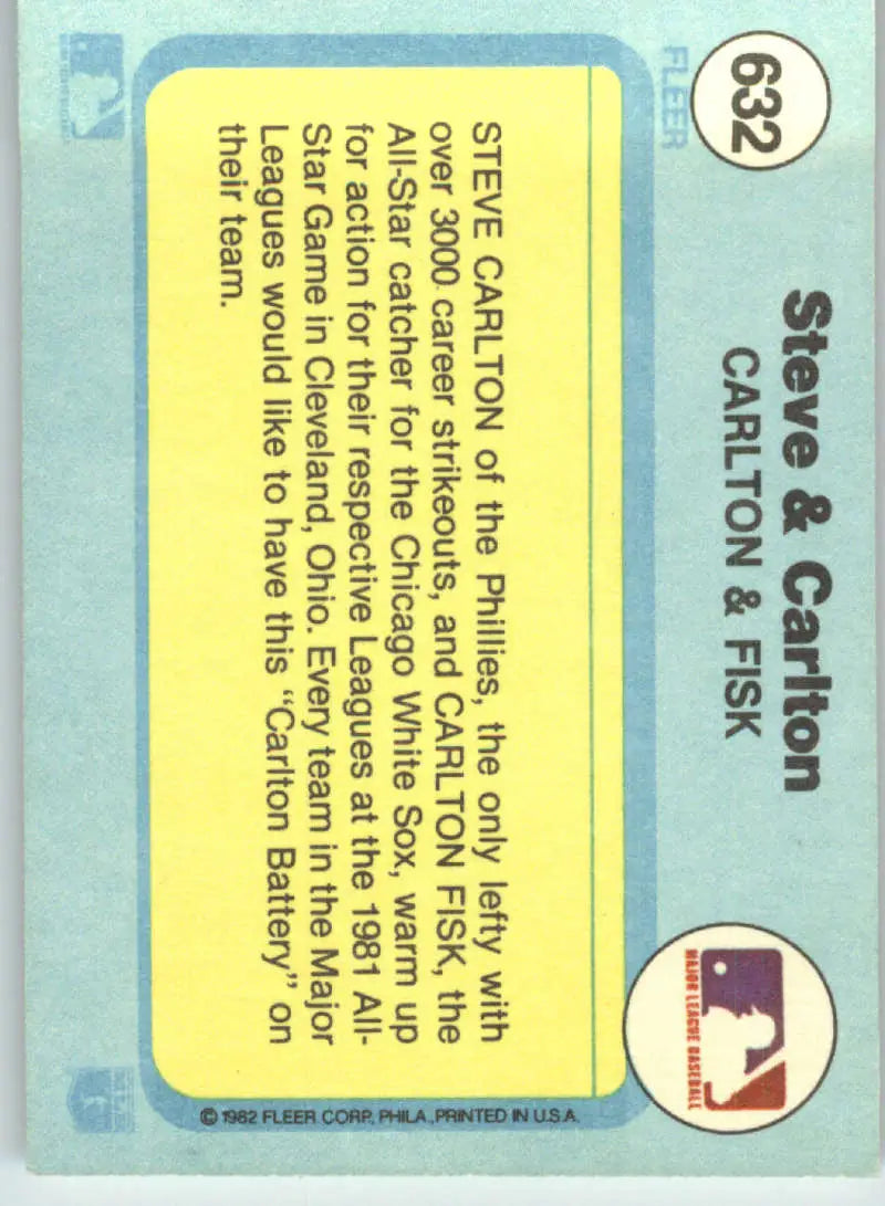 1982 Fleer #632 Steve Carlton/Carlton Fisk EX Excellent Philadelphia Phillies/Chicago White Sox Baseball Card