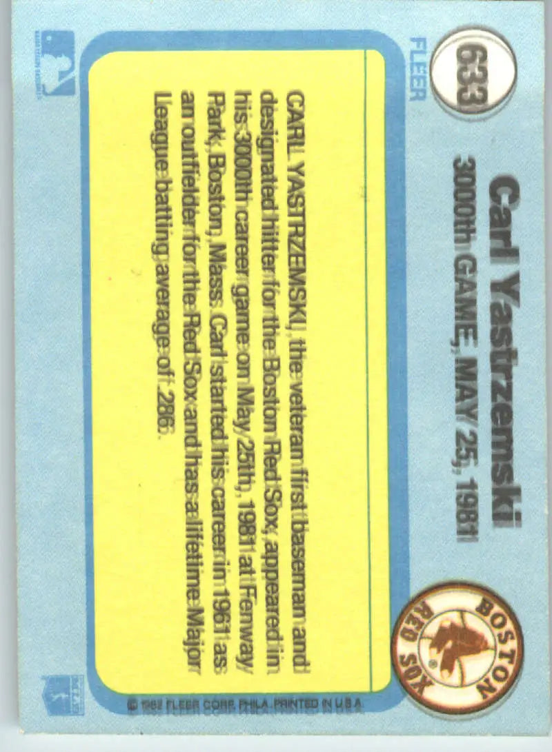 1982 Fleer #633 Carl Yastrzemski EX Excellent Boston Red Sox Baseball Card - Baseball Card Single