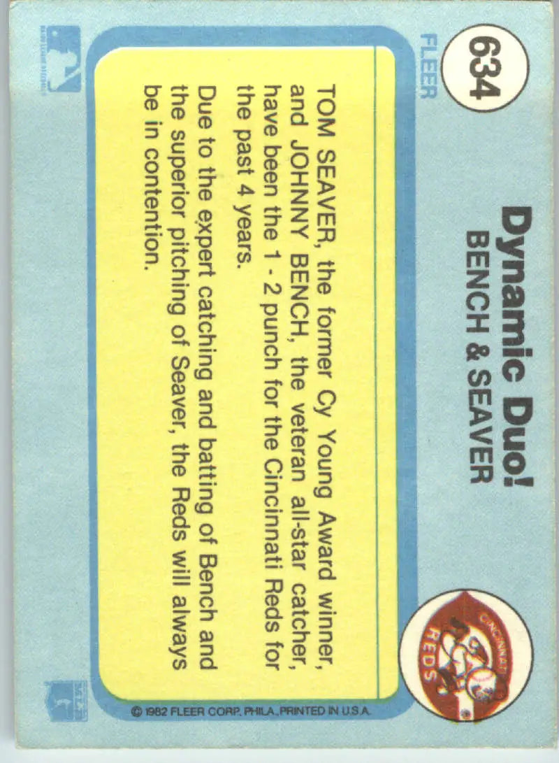 1982 Fleer #634 Johnny Bench/Tom Seaver EX Excellent Cincinnati Reds Baseball Card - Baseball Card Single
