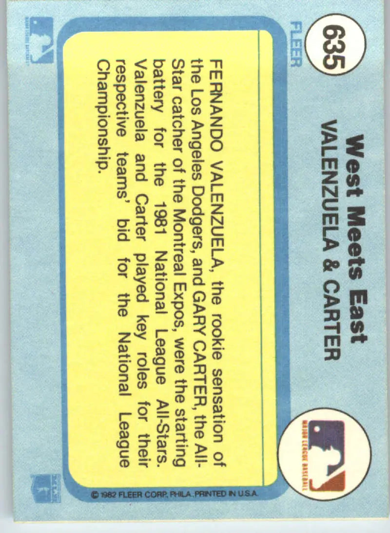 1982 Fleer #635 Fernando Valenzuela/Gary Carter EX Excellent Los Angeles Dodgers/Montreal Expos Baseball Card