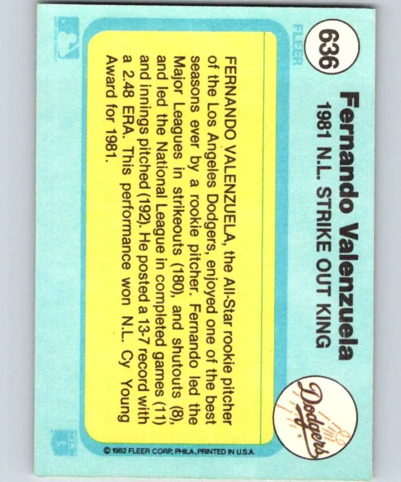 1982 Fleer #636 Fernando Valenzuela EX Excellent Los Angeles Dodgers Baseball Card - Baseball Card Single